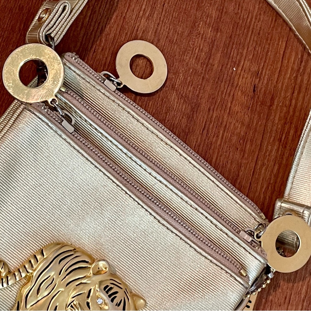 Vintage 1980s Nima Gold Tiger Brooch Triple Pocket Women’s Crossbody Bag Purse - Picture 5 of 13
